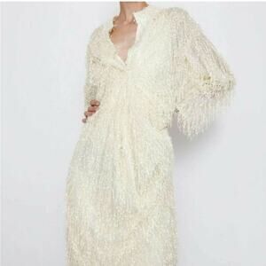 ZARA Textured Weave Fringe Sheer Midi Dress Cream Yellow Size XS